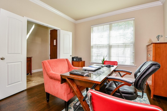 home office featuring baseboards, dark wood-style flooring, and crown molding