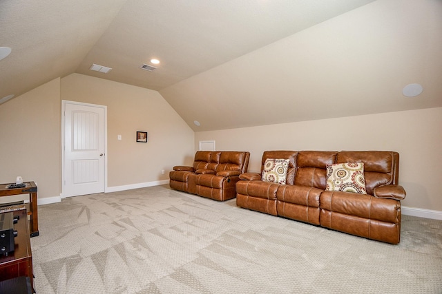 carpeted living area with vaulted ceiling, visible vents, and baseboards