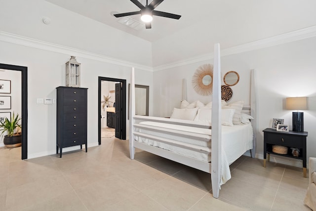 bedroom featuring crown molding, light tile patterned floors, and ceiling fan