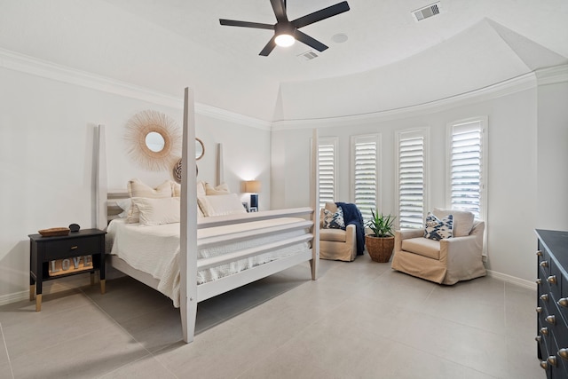 bedroom with ceiling fan, ornamental molding, vaulted ceiling, and light tile patterned flooring