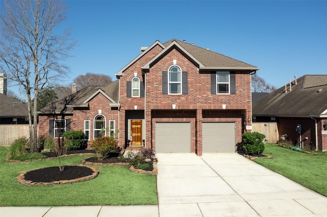 view of property with a garage and a front lawn