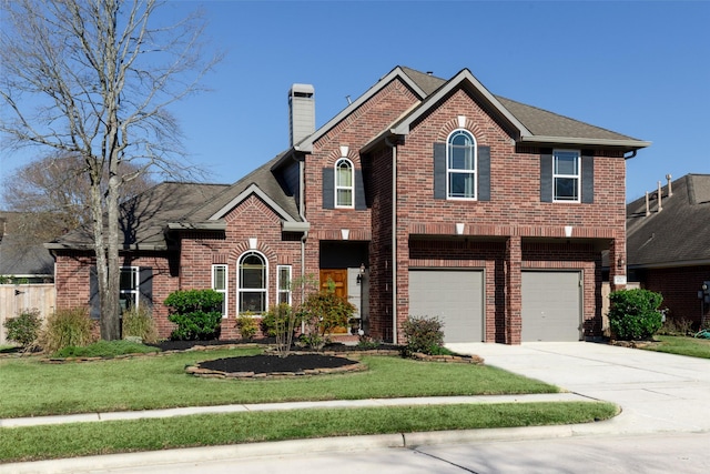 front facade with a garage and a front lawn