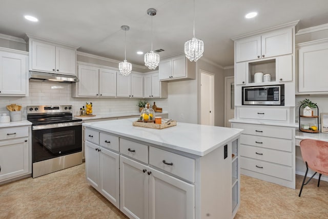 kitchen with crown molding, open shelves, stainless steel appliances, decorative backsplash, and under cabinet range hood