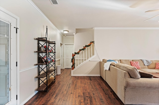 living room featuring dark hardwood / wood-style flooring and crown molding