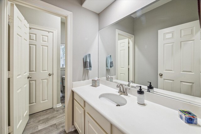 bathroom with wood-type flooring, vanity, and toilet