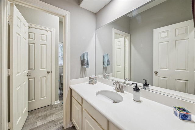 bathroom featuring vanity, toilet, and hardwood / wood-style floors