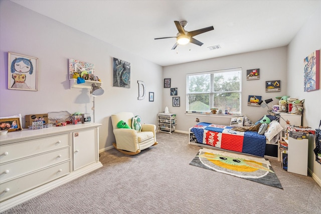 bedroom featuring light carpet and ceiling fan