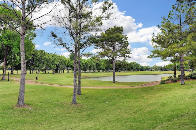 view of property's community with a water view and a yard