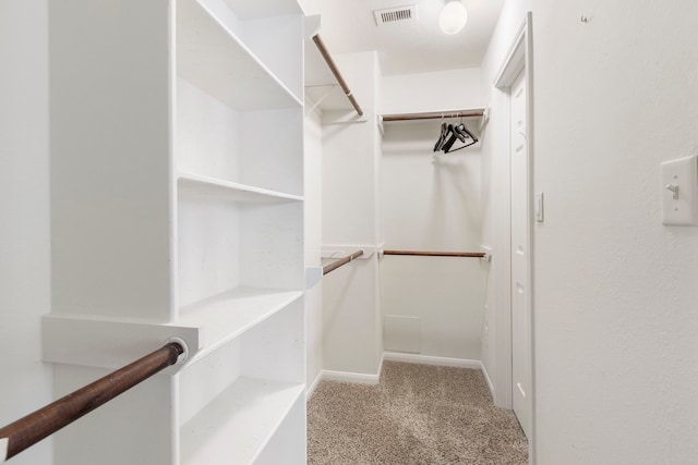 spacious closet featuring light colored carpet