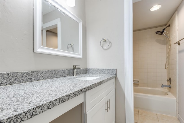 full bath featuring shower / washtub combination, vanity, and tile patterned floors