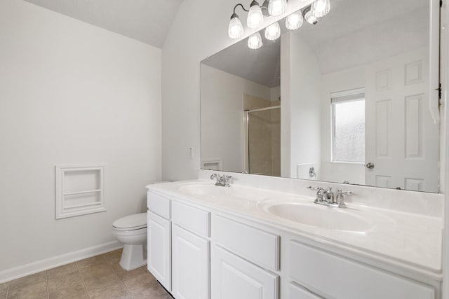 bathroom featuring toilet, a shower with door, lofted ceiling, tile patterned floors, and vanity