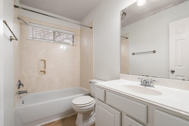 full bathroom with toilet, vanity, tile patterned flooring, and washtub / shower combination