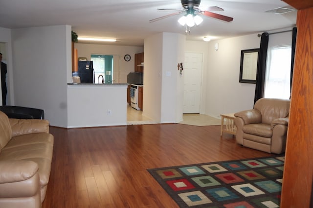 living room with hardwood / wood-style flooring, ceiling fan, a healthy amount of sunlight, and sink