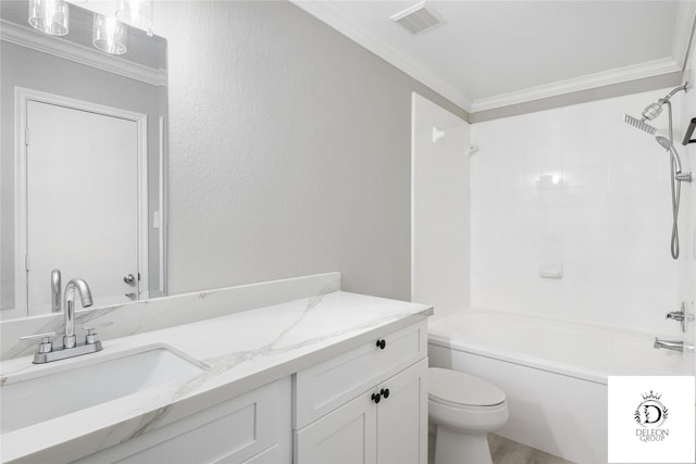 full bathroom featuring shower / washtub combination, toilet, ornamental molding, and vanity