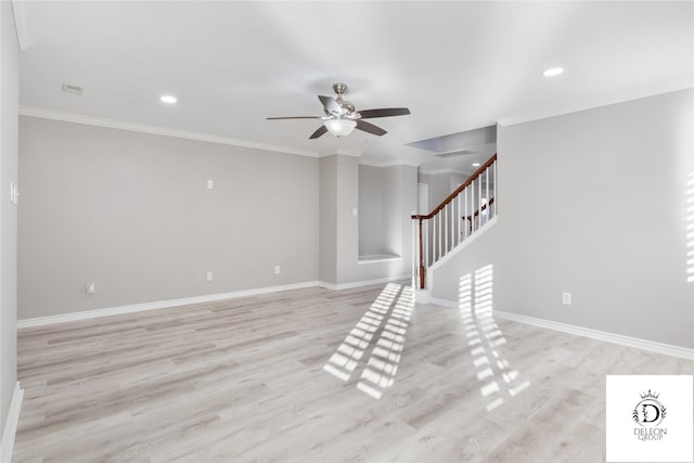 unfurnished living room with ceiling fan, light wood-type flooring, and ornamental molding