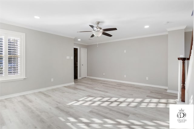 unfurnished room featuring ceiling fan, crown molding, and light hardwood / wood-style flooring