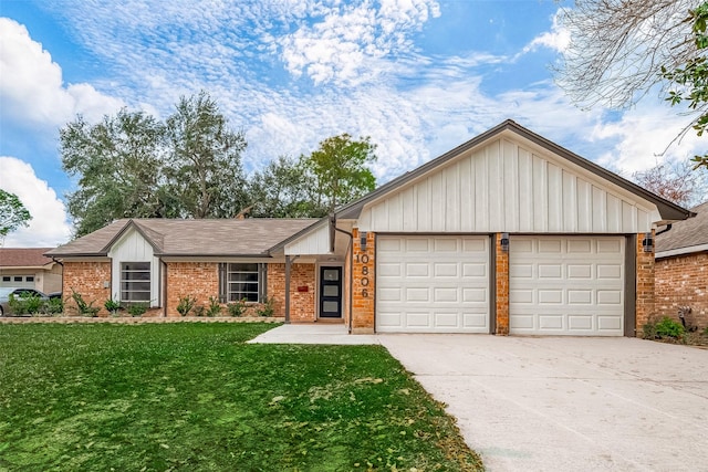 ranch-style home with a garage and a front yard