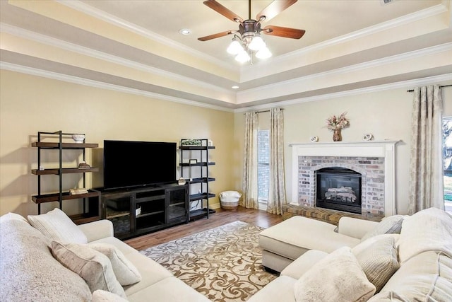 living room with wood-type flooring, crown molding, a fireplace, and a raised ceiling