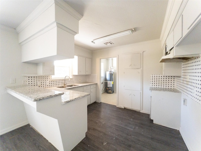 kitchen featuring kitchen peninsula, sink, gas water heater, white cabinets, and dark hardwood / wood-style flooring