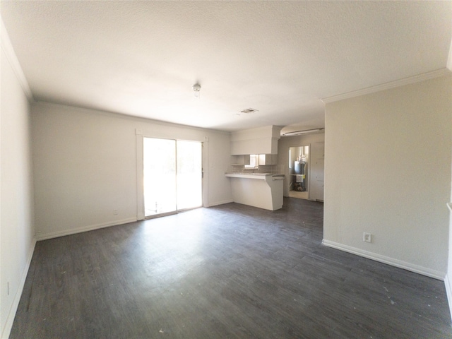 unfurnished living room with dark hardwood / wood-style floors and ornamental molding