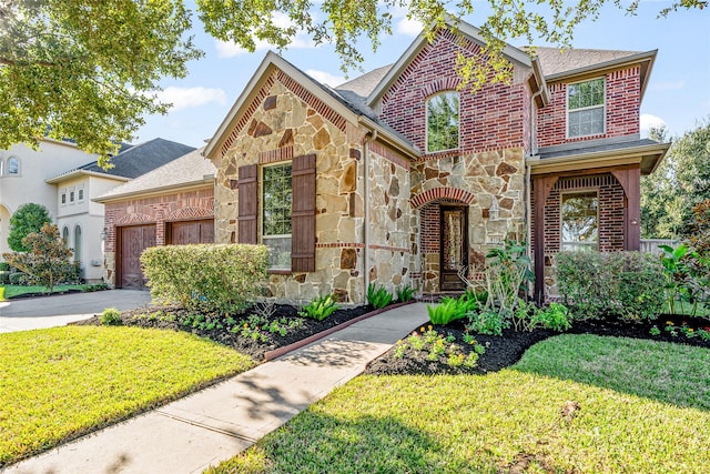 view of front of house featuring a front yard and a garage