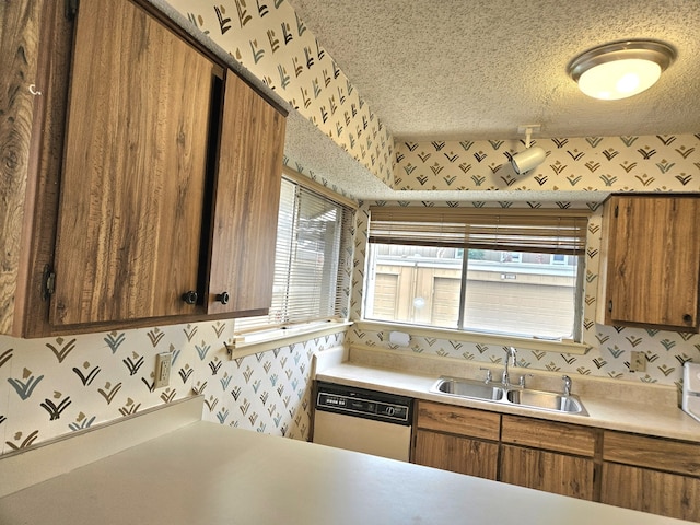 kitchen with a textured ceiling, dishwasher, and sink