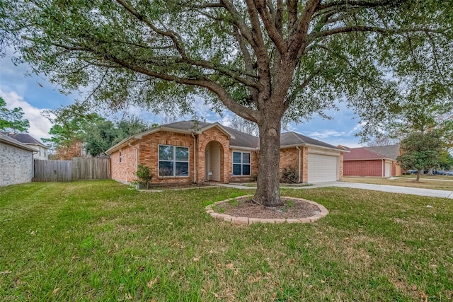 single story home with a garage and a front yard