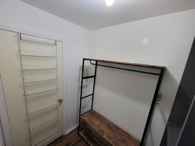 interior space featuring dark hardwood / wood-style floors, a closet, and a textured ceiling