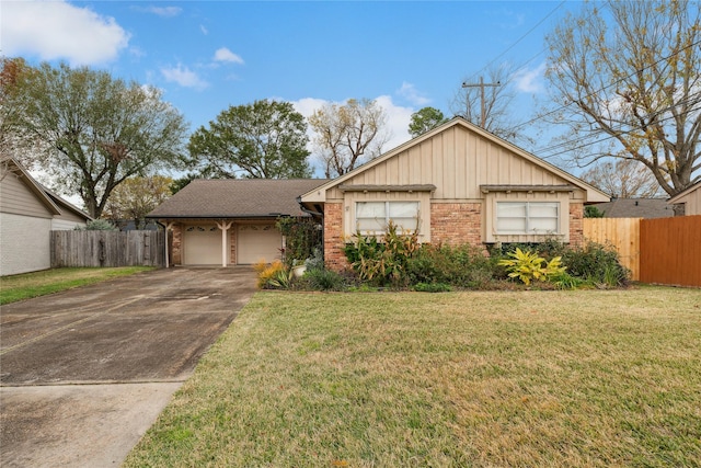 single story home featuring a garage and a front yard