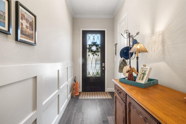 interior space with crown molding and dark wood-type flooring