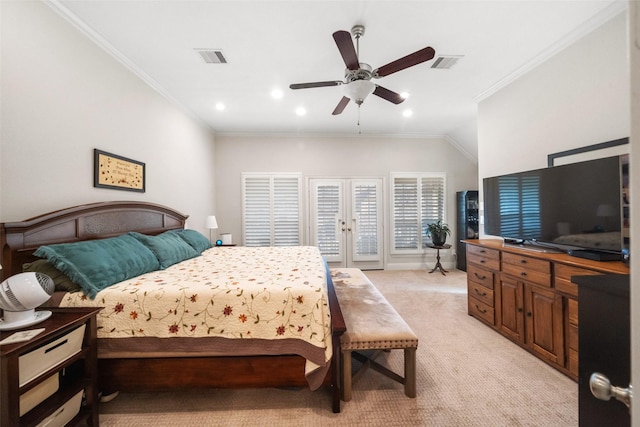 bedroom with french doors, lofted ceiling, light carpet, ornamental molding, and ceiling fan