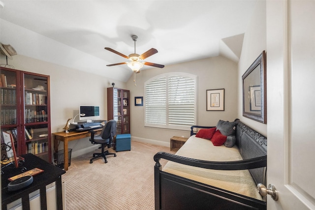 bedroom with light carpet, vaulted ceiling, and ceiling fan