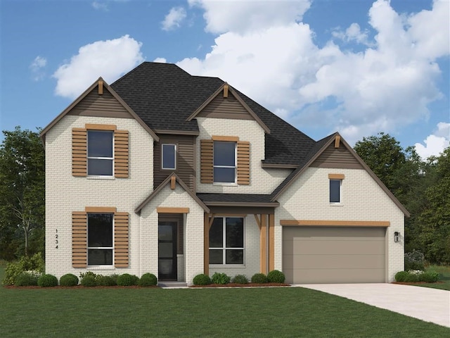 view of front of home featuring a front yard and a garage