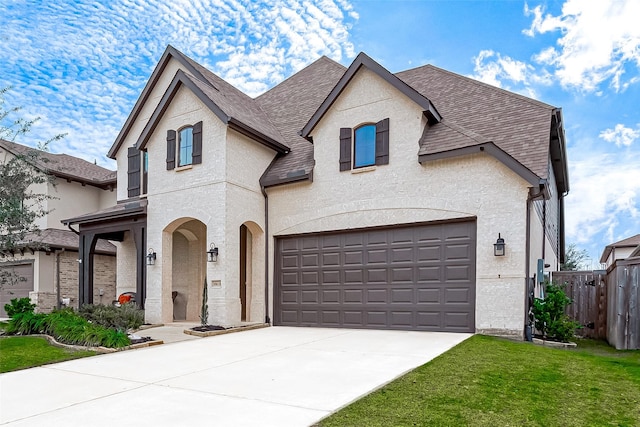 french country style house featuring a garage and a front lawn