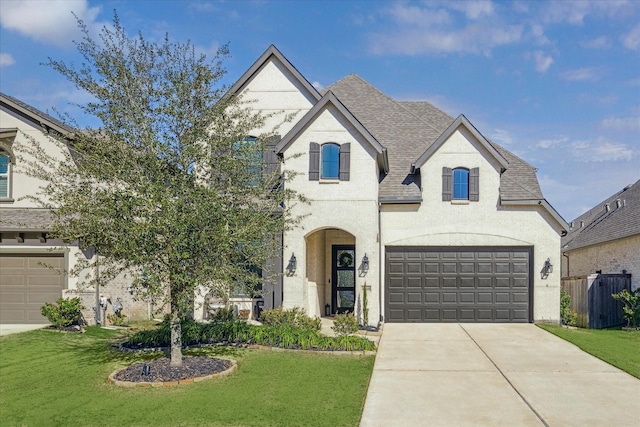 french country home with a garage and a front lawn