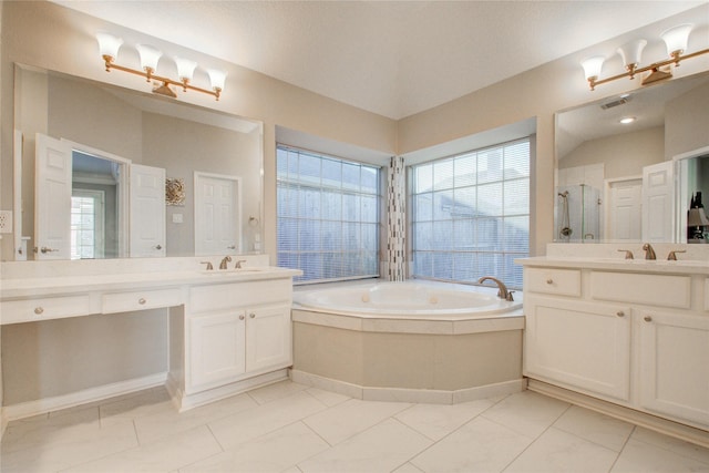 bathroom with vanity, separate shower and tub, and tile patterned flooring