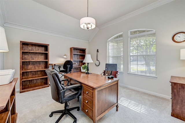 carpeted office space with crown molding and lofted ceiling