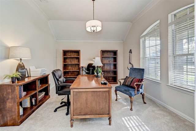 office featuring light colored carpet, crown molding, and vaulted ceiling