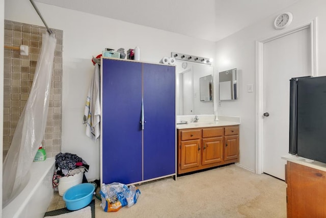 bathroom with vanity and shower / bathtub combination with curtain