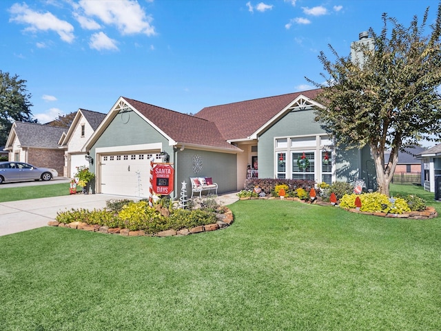 view of front of home featuring a front lawn and a garage