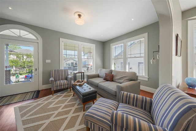 living room with plenty of natural light and hardwood / wood-style floors