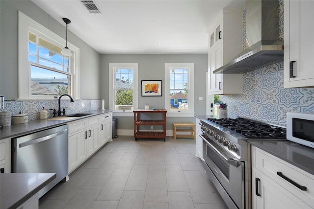 kitchen with pendant lighting, wall chimney exhaust hood, white cabinetry, stainless steel appliances, and sink