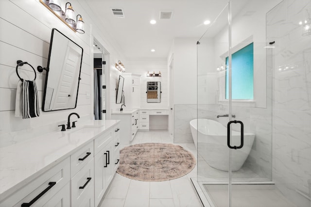 bathroom featuring tile walls, vanity, ornamental molding, and independent shower and bath