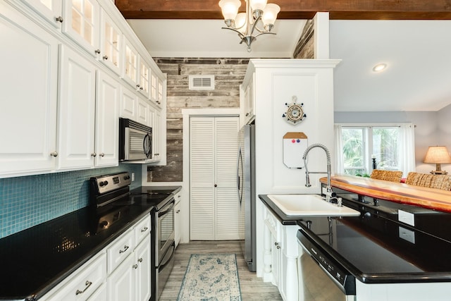 kitchen with sink, appliances with stainless steel finishes, white cabinets, decorative backsplash, and light wood-type flooring