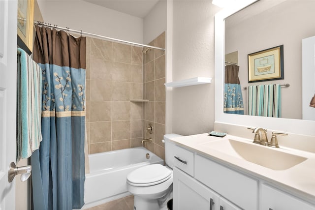 full bathroom with tile patterned flooring, toilet, vanity, and shower / tub combo with curtain