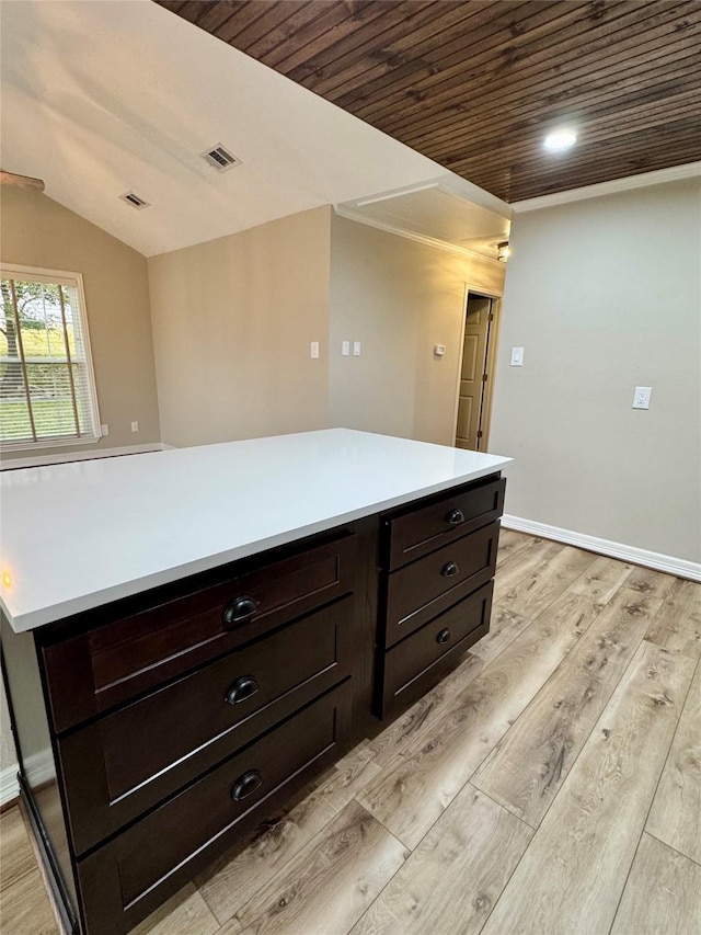 kitchen featuring light hardwood / wood-style floors, wooden ceiling, dark brown cabinetry, and vaulted ceiling