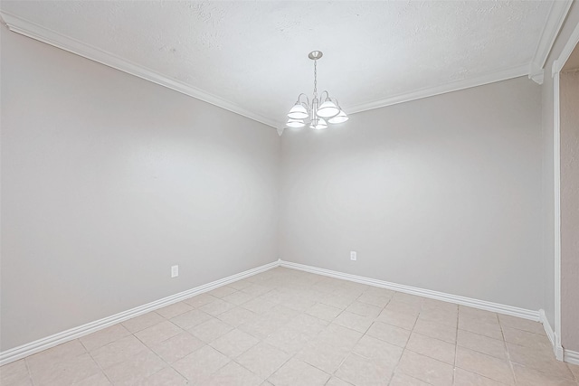 unfurnished room featuring a textured ceiling, crown molding, and a chandelier