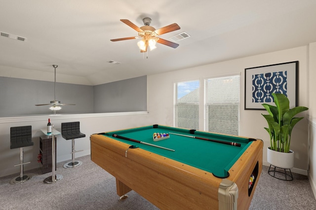 rec room with ceiling fan, lofted ceiling, billiards, and carpet