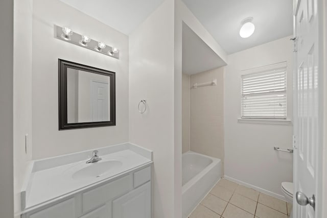 full bathroom with vanity, toilet, bathtub / shower combination, and tile patterned flooring