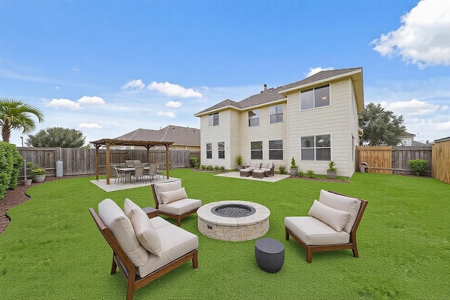 rear view of property with a patio area, a yard, a pergola, and an outdoor living space with a fire pit